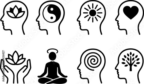 Mindfulness symbols: icons of meditation, yoga, and wellness in silhouette style
