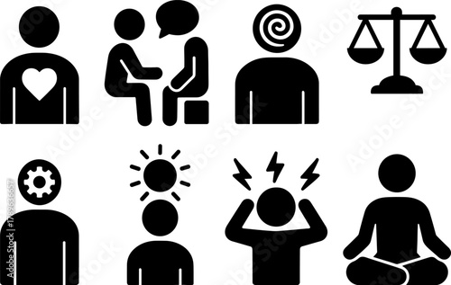 Mental health icons: therapy, meditation, stress, balance, and wellness