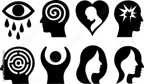 Silhouette mental health icons: mind, emotions, therapy, stress, meditation