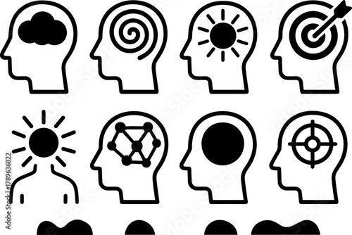 Minimalist outline icons of human heads with brain concepts and target symbols