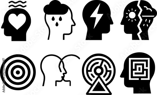 Abstract human head icons depicting emotions and concepts in bold minimalist style