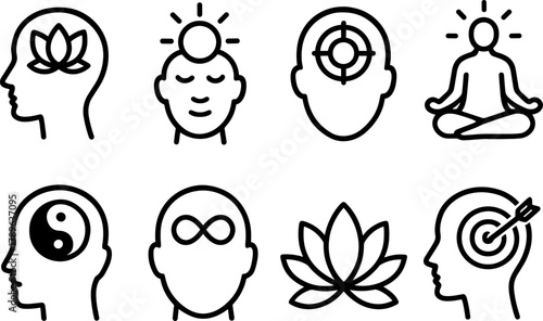 Minimalist mindfulness and meditation icons set for wellness and balance
