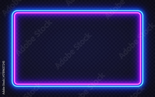 Vibrant purple and blue neon frame glowing on a dark brick wall. The stylish contrast gives a modern, nightlife-inspired atmosphere perfect for ads and digital projects.