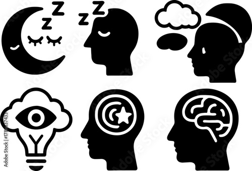 Sleep and mind concepts in silhouette style - moon, brain, and dream symbols