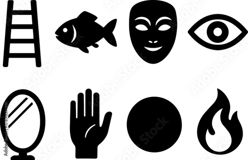 Set of minimalist black icons featuring ladder, fish, mask, eye, mirror, hand, circle, and flame