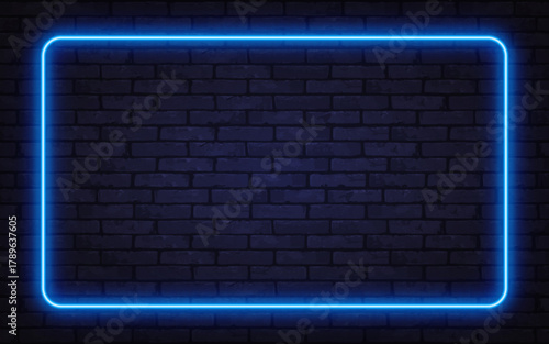 Glowing blue neon frame on a dark brick wall creates a modern futuristic atmosphere. Perfect for digital ads, posters, or stylish presentations.