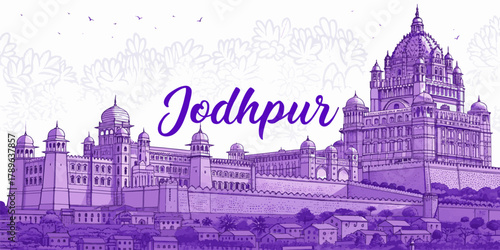 Jodhpur Skyline Line Art Featuring Mehrangarh Fort, Jaswant Thada, Umaid Bhawan Palace | Rajasthan Travel Artwork for Posters, Gifts and Tourism Promotion