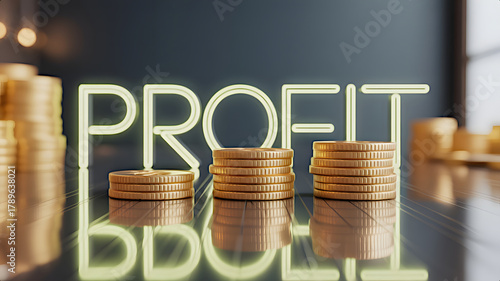 Neon Profit Sign Behind Three Increasing Stacks of Gold Coins