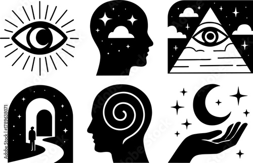 Surreal black and white mind and space concepts with eye and moon motifs