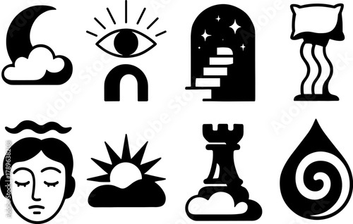Abstract dreams and symbols in black and white silhouettes collection