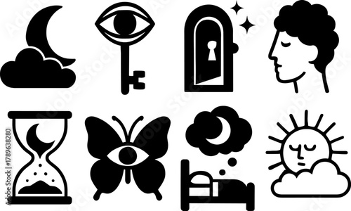 Dream symbols collection: moon, eye, keys, silhouette, sleep, and nature icons