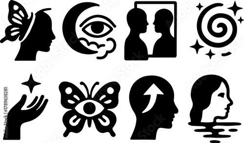 Silhouette collection of symbolic icons featuring faces, butterflies, and abstract elements
