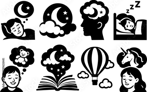 Dream symbols and sleep icons in black silhouette style for restful nights