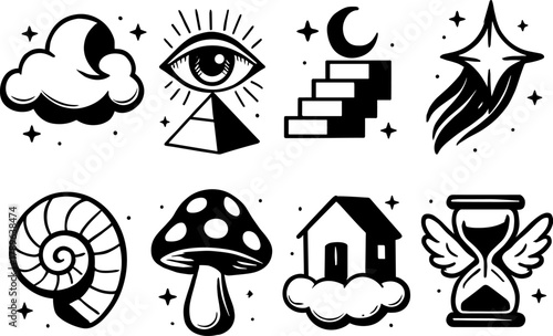 Mystical symbols collection: eye, pyramid, and celestial icons in black and white