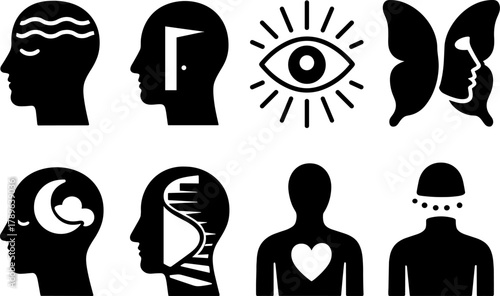 Silhouette icons of human heads with symbols - mental health and imagination concepts