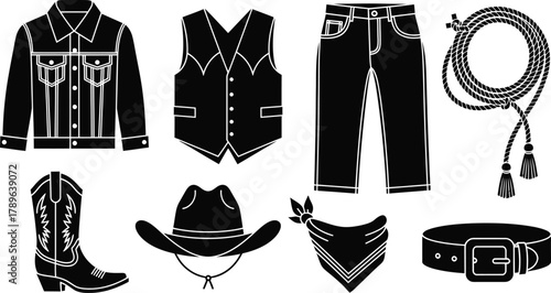 Cowboy western apparel clothing fashion accessories vector icons