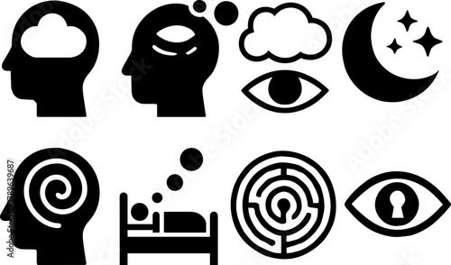 Silhouette icons: dreams and imagination with brain, cloud, and eye motifs