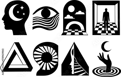Surreal black and white geometric and symbolic silhouettes with optical illusions