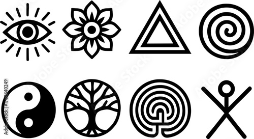 Minimalist icon set featuring geometric shapes and symbolic designs