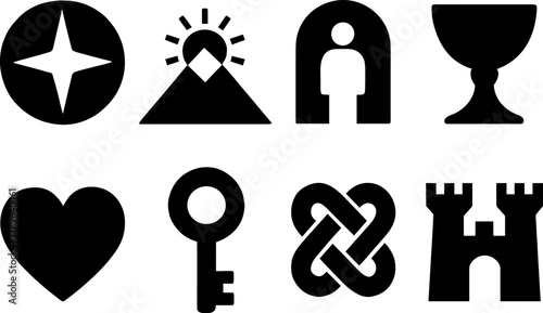 Minimalist elements set: heart key chalice castle star icons