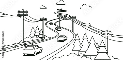 Cartoon illustration of cars driving on a winding road trip art