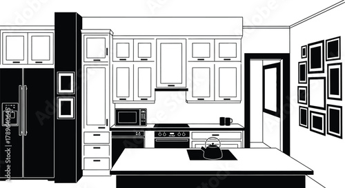 Modern kitchen design with island cabinets and black fridge home