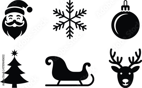 A collection of festive christmas and winter holiday icons featuring santa claus a snowflake an ornament a christmas tree a sleigh and a reindeer head perfect for seasonal designs greeting card