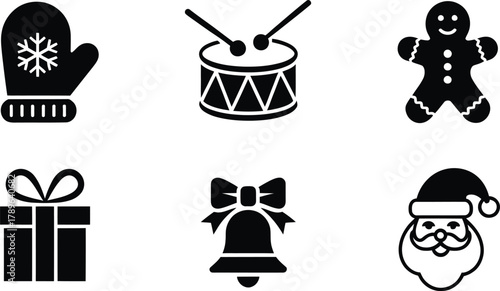 Christmas holiday icons set with festive symbols: snowflake mitten drum gingerbread man gift box bell with bow and santa claus face. These isolated black glyphs are ideal for winter celebration