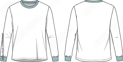 Long sleeve crew neck t-shirt vector template front and back view with ribbed cuffs and collar design illustration