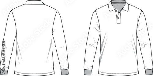 Long sleeve polo shirt front and back view vector mockup template for clothing design, fashion, and apparel illustration
