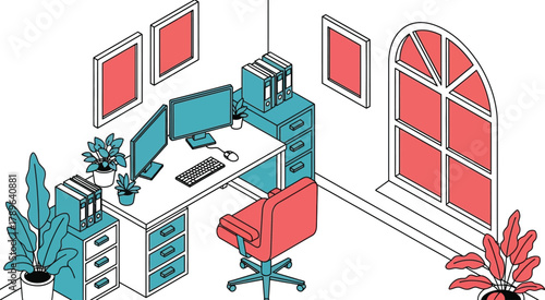 Isometric office setup with desk computer chair and window view