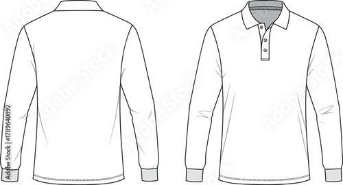 Long sleeve polo shirt vector template front and back view for apparel design, fashion illustration, and clothing mockup