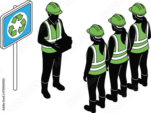 Recycling team meeting workers safety training environmental job