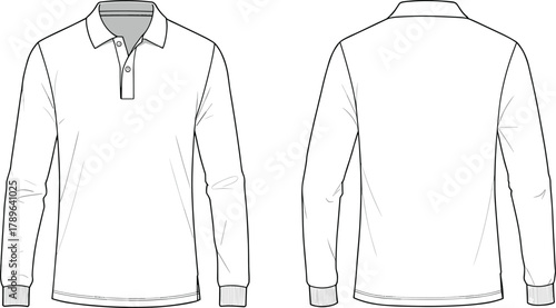 Long sleeve polo shirt vector template with ribbed cuffs button collar front and back view apparel mockup design