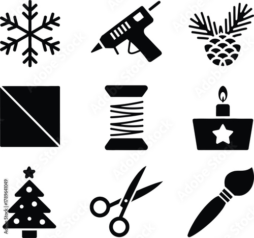 Craft and hobby supplies vector icon collection showcasing essential tools and decorative elements for diy projects arts sewing painting and holiday decoration creation including glue gun scissors