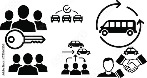 Carpooling vanpool ride sharing shared mobility services icons set