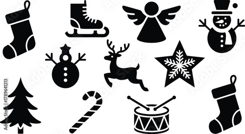 A versatile vector collection of festive winter holiday and Christmas celebration icons. features include snowman reindeer candy cane angel christmas tree ice skate stocking and snowflake star 