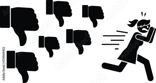 Social media criticism concept dislike thumbs down hate running away