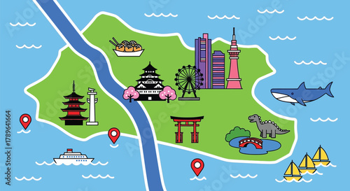 Japan travel map illustration with landmarks and attractions