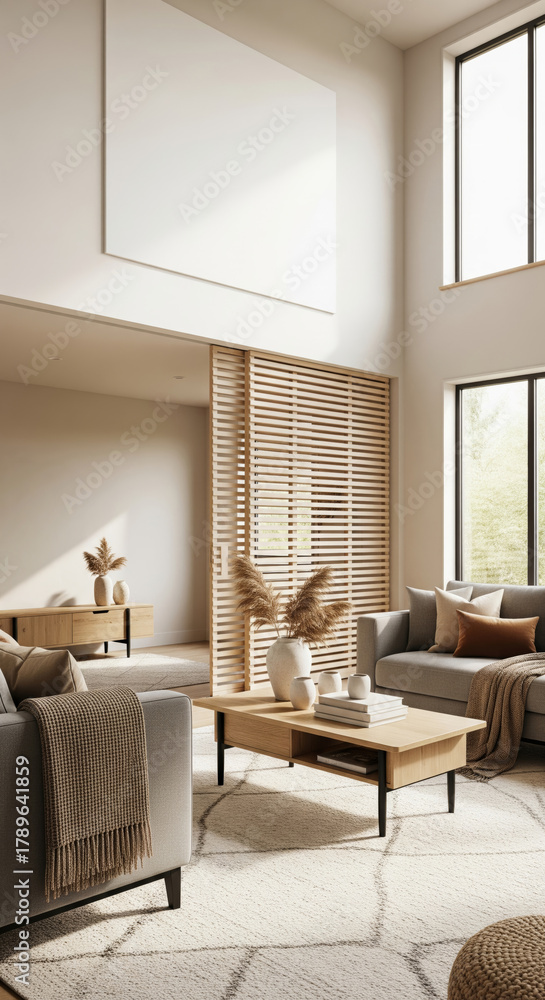 Fototapeta premium Modern Open Living Room with Natural Light and Wood Accents