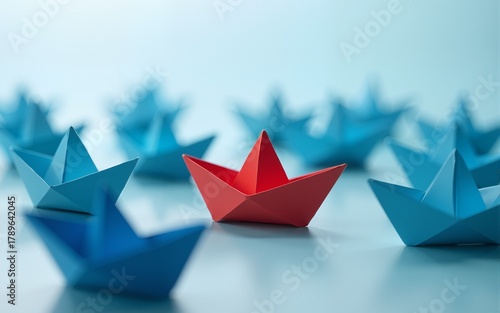 Red boat origami leading a group of blue boats origami leadership concept. High quality