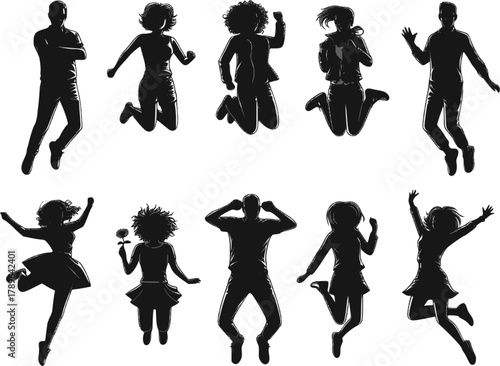 Silhouettes of young people jumping in different poses. Vector silhouettes man and women, illustration. EPS version.