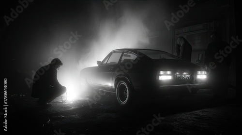 Dark night, car trouble. Two figures,  lit by glow