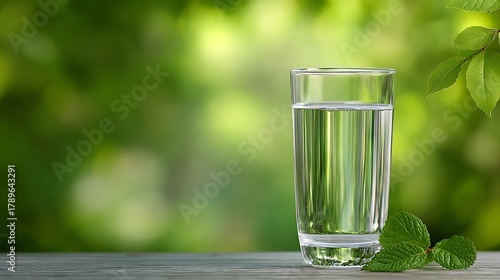 Refreshing Glass of Water with Mint and Green Foliage on Wooden Surface