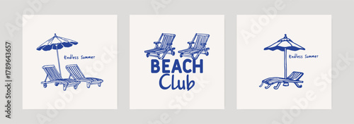 Beach Lounger Vector Illustration Set in Hand Drawn Sketch Style. Beach Club Cover Design Chalk Crayon Drawing. Tropical Vacation Illustration in Trendy Modern Style for Travel Design