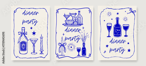 Dinner Party Invitation Set Hand Drawn Sketch Doodles Style. Retro Vintage Dinner Party Invitation. Wine Bottle and Wine Glasses, Plates, Flowers, Vector Illustration