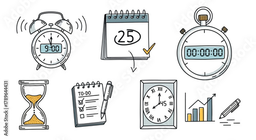 Time  calendar doodle line icon set. Hand drawn doodle sketch line style business time management  project deadline concept. Vector illustration