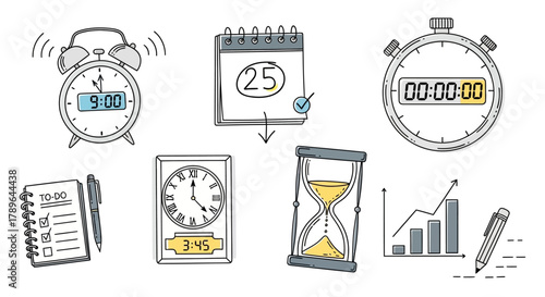 Time  calendar doodle line icon set. Hand drawn doodle sketch line style business time management  project deadline concept. Vector illustration