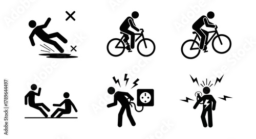 Accident pictogram man icon. Slipping fall, bike accident, electric shock pictogram sign set. Warning, danger icon stick man vector illustration
