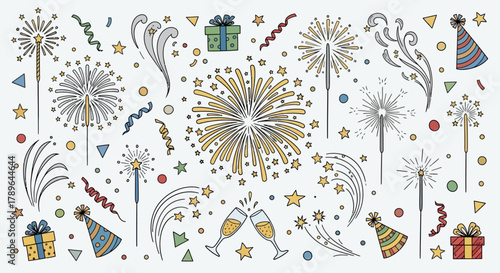 Firework new year set. Doodle firework sparkles for New Year celebration, golden burst and festive elements for birthday or party decor. Hand drawn style for a firework themed vector illustration